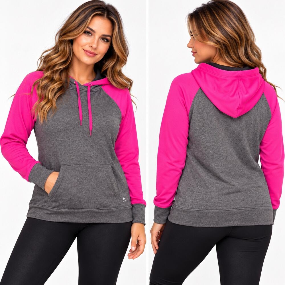 Danskin Now Womens DriMore Hoodie Gray Pink Pullover Sweatshirt Athletic Medium